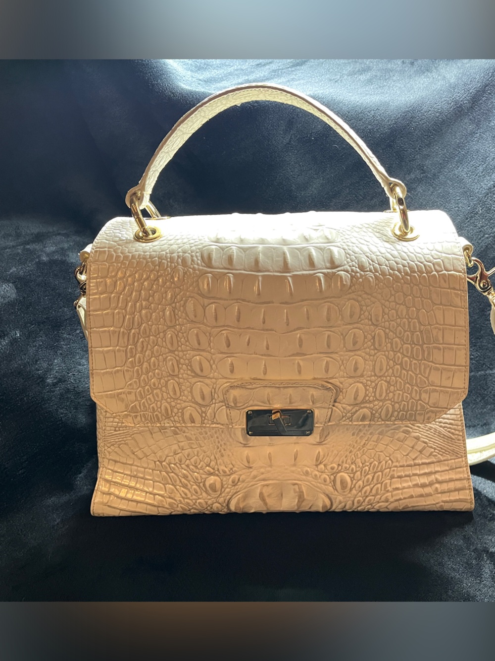 Brahmin Tan Croc-Embossed Leather Satchel with Gold Hardware